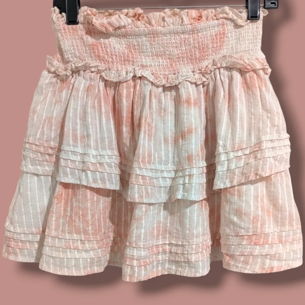Cleobella Pink Tie-Dye Organic Cotton Smocked Tiered Ruffle Amber Mini Skirt